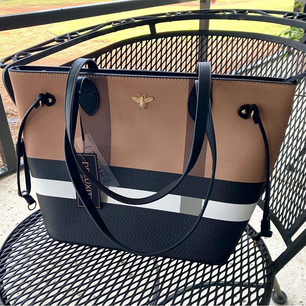 Deluxity Los Angeles Chic Black, White and Brown Tote Bag & Slim Card Wallet